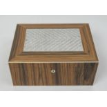 HUMIDOR BOX, Macassar ebony with laced metal panel top, bone trim and key, 35cm x 26cm x 16cm.