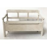 SETTLE, Scandinavian style traditionally grey painted with 'lift-up' seat, 135cm W.