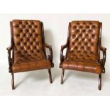 SLIPPER ARMCHAIR, a pair Regency style mahogany with deep buttoned mid brown leather send scroll