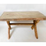 COUNTRY FARMHOUSE TABLE, antique think single plank pine raised upon dual X trestle supports,