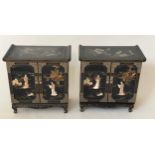 SIDE CABINETS, a pair, Chinese black lacquer and gilt chinoiserie decorated, each with two
