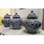 JARS WITH COVERS, a set of three, Chinese export style, blue and white ceramic, 37cm H. (3)