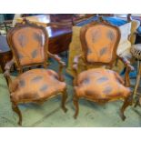 FAUTEUILS, a pair, late 19th century Italian walnut in Versus Copper leaf patterned fabric by Jane