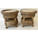 LAMP TABLES, a pair, circular rattan framed and cane woven with undertier and glass, 56cm x 56cm