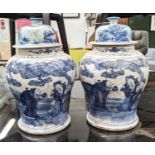BALUSTER VASES WITH COVERS, a pair, Chinese export style, blue and white ceramic, 35cm H. (2)