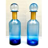 DECANTERS, a pair, Murano style glass, gilt collars. (2)