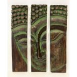 BUDDHA PANELS, carved polychrome and gilt, each panel 93cm x 20cm. (3)