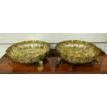 INDIAN STYLE CHARGER BOWLS, a pair, with elephant detail, gilt metal 46cm diam x 15cm H. (2)