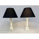 ALABASTER TABLE LAMPS, a pair, classical column on plinth bases with shades, 61cm H. (2)