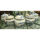 JARS WITH COVERS, a set of six, 32cm H, Chinese export style blue and white ceramic. (6)