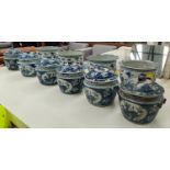 JARS WITH COVERS, a set of six, 24cm H, Chinese Export style blue and white ceramic, with lucky frog