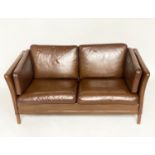 SOFA, 1970s Danish grained mid brown leather upholstery with teak supports, 158cm W.