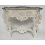 CONSOLE TABLE, Italian style carved and grey painted with shaped breche violette marble top, 126cm x