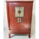 MARRIAGE CABINET, 19th century Chinese scarlet lacquered with two silvered metal mounted doors