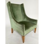 ARMCHAIR, Edwardian mahogany with studded royal green velvet upholstery and tapering supports,