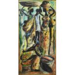 DONGALA (20th century Congo), 'Figures', oil on canvas, 99cm x 49cm, signed.