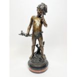 BRONZE BOY WITH DOVES, 81cm x 33cm, US made, manner of Auguste Moreau, on marble base.