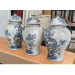 TEMPLE JARS, a set of three, 38cm H, Chinese Export style blue and white ceramic, with dragon