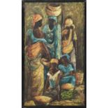 DONGALA (20th century Congo), 'Figures', oil on canvas, 99cm x 59cm, signed.