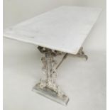 CENTRE TABLE, 19th century rectangular Carrara marble on cast iron trestle supports and stretcher,