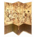 SCREEN, three fold each panel 178cm x 44cm, 19th century, woven depicting Japanese palace scenes.