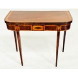 TEA TABLE, George III figured mahogany and satinwood crossbanded, foldover top with tapering