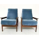 ARMCHAIRS, a pair, 1970s Danish teak with Royal blue velvet upholstery, 69cm W. (2)