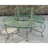ARCHITECTURAL GARDEN TREE BENCH, antiqued green painted finish 77cm x 140cm x 140cm.