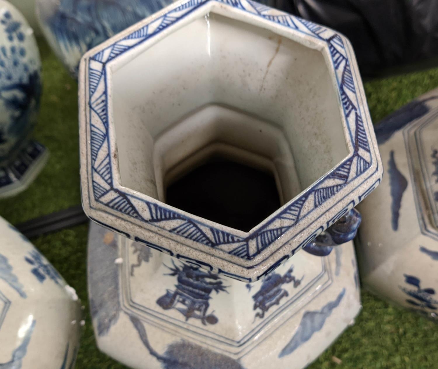 CHINESE BLUE & WHITE VASES, set of three, 45cm H, hexagonal baluster form, serpent snake handles. ( - Image 4 of 4