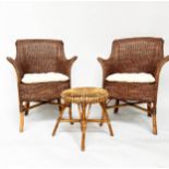 CONSERVATORY ARMCHAIRS, a vintage pair, rattan framed and cane woven each with swept arms, 66cm W,