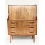 TIRERGAARD BUREAU, Danish teak, with tall front and three figured drawers, 85cm x 44cm D x 113cm H.