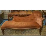 CHAISE LONGUE, Victorian rosewood, circa 1850, in dusky pink velour on brass castors, 91cm H x 177cm