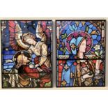 PRINTS ON GLASS OF CHURCH STAINED GLASS DESIGN WINDOWS, a pair, framed 60cm W x 81cm H. (2)