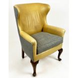 WING ARMCHAIR, Georgian design, tan leather and linen upholstered, 106cm H x 72cm W.
