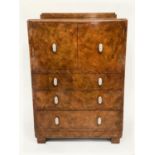 ART DECO DRINKS CABINET, burr walnut with two doors above three long drawers and silvered mounts,