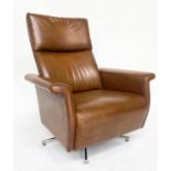 REVOLVING EASY ARMCHAIR, Lacividina tan leather revolving on chromed support, 79cm W.