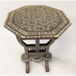 SYRIAN LAMP TABLE, octagonal Damascus ware, mother of pearl inlaid with folding top, 50cm W x 66cm