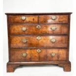 CHEST, early 18th century English Queen Anne figured walnut with quartered top above two short and