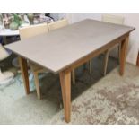 KITCHEN TABLE, 159cm L x 77cm H x 89cm D with an associated resin top on a wooden base with