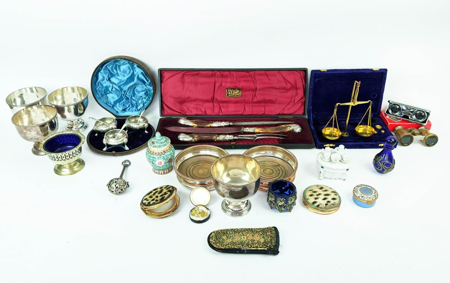 A COLLECTION OF MISCELLANEOUS ITEMS, including postage scales, boxed carver set, rattle, four bonbon