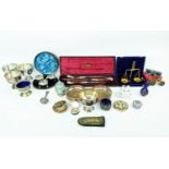 A COLLECTION OF MISCELLANEOUS ITEMS, including postage scales, boxed carver set, rattle, four bonbon