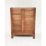 LOUVRE CABINET, 1970s teak with two panelled doors enclosing shelves, 76cm W x 99cm H x 39cm D.