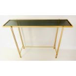 CONSOLE TABLE, 73cm x 102cm, 1950s Italian style, gilt metal with smoked glass top.