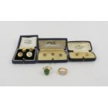 GENTS JEWELLERY, including cuff links, set of three, 9ct gold, engine turned decoration; matched set