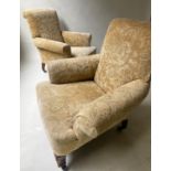 ARMCHAIRS, 93cm x 93cm W, a pair, Edwardian walnut with yellow and foliate cut velvet. (2)