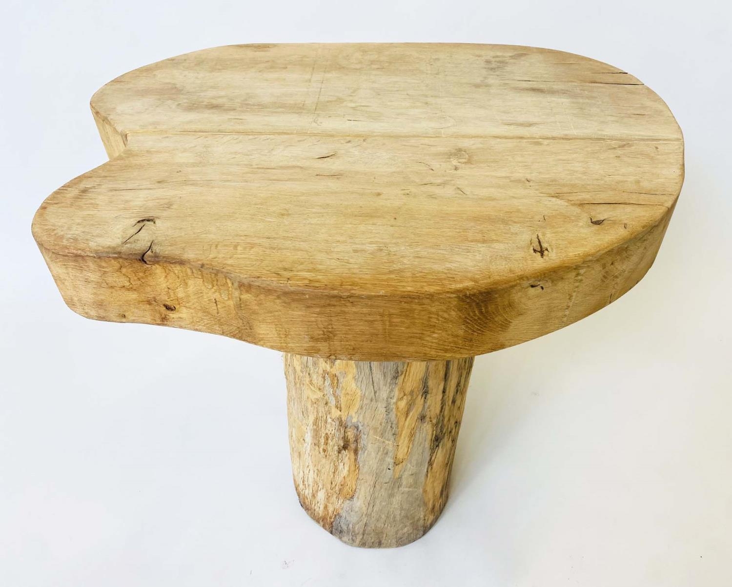 CONSOLE/OCCASIONAL TABLE, rustic random oak tree section raised upon trunk pedestal, 77cm x 55cm D x