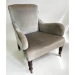 ARMCHAIR, Edwardian walnut with silvery green velvet upholstery, scroll arms and turned front