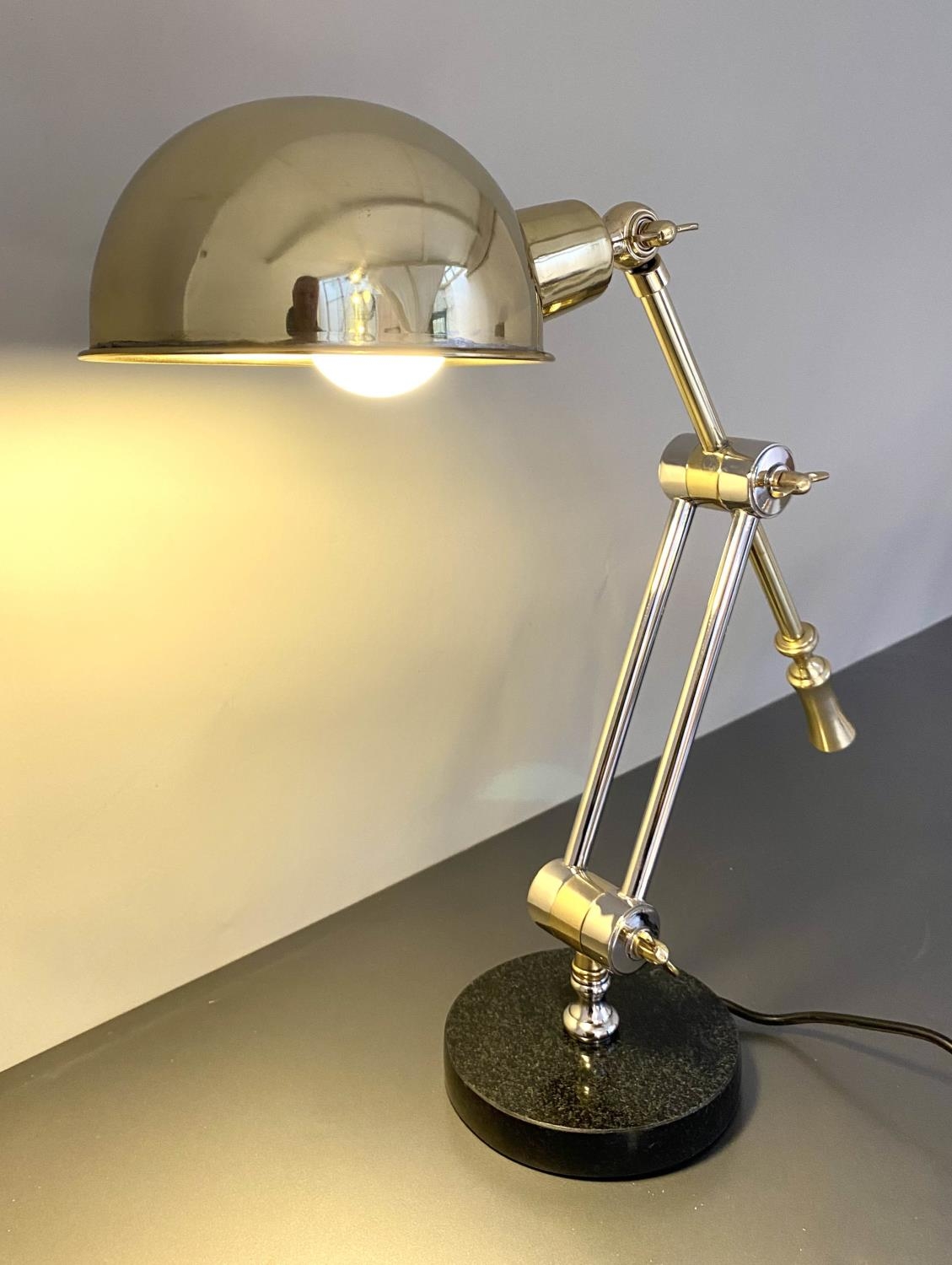 DESK LAMP, Angle-poise style, gilt metal frame standing on a marble base. - Image 5 of 7
