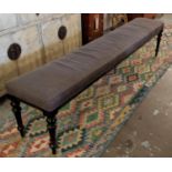 LONG HALL SEAT, part Victorian and grey fabric upholstered, 215cm W.