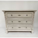 COMMODE, 19th century French, traditionally grey painted with three long drawers and silvered